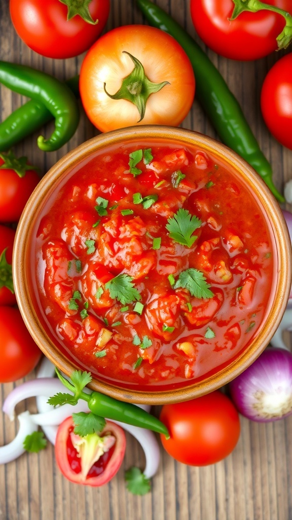 A bowl of spicy tomato onion chutney with fresh tomatoes and onions on a wooden table.